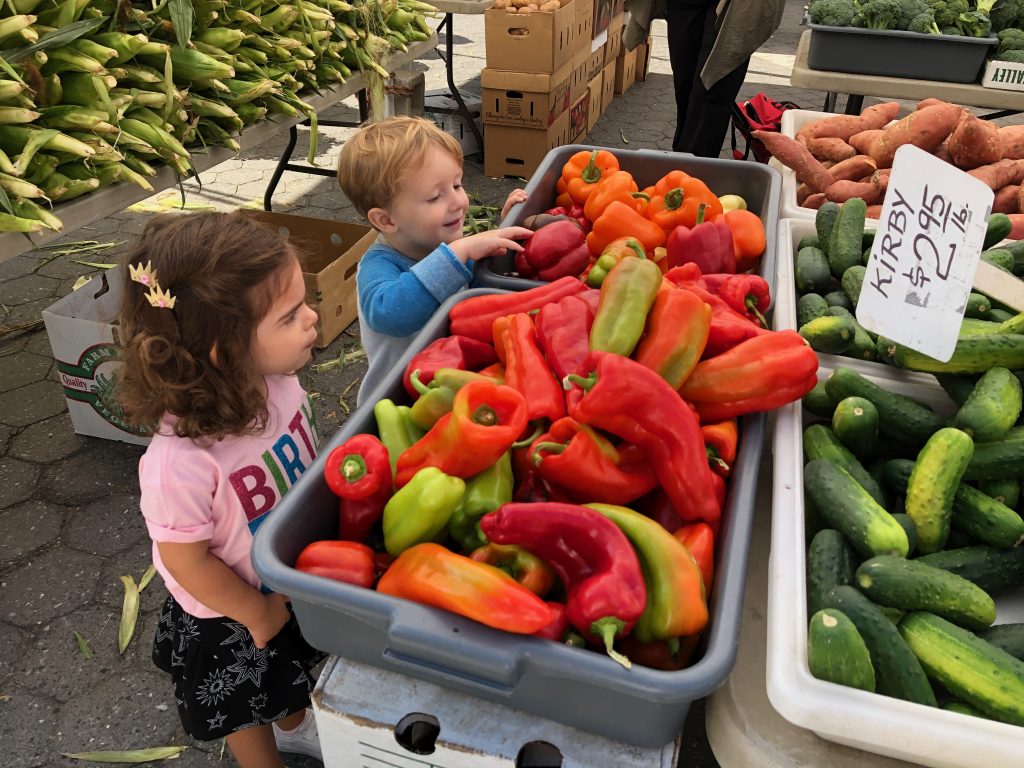 children shopping at a green market