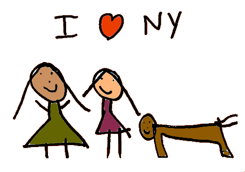 a child-drawn colorful portrait of two children and a dog in NYC