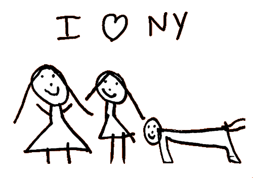 a child drawn black and white portrait of two children and a dog in NYC
