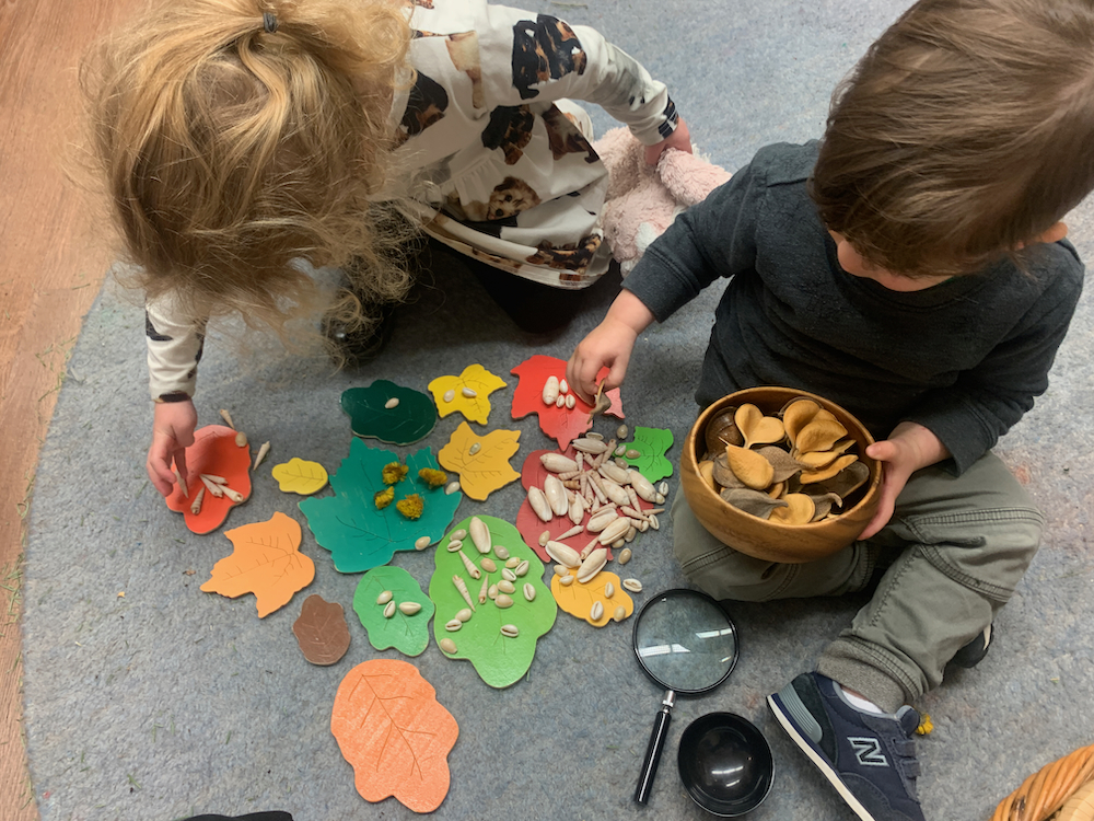 Children arranging leaves and shells on the floor